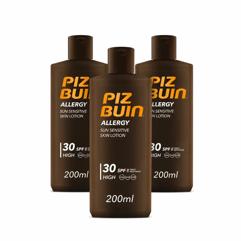 Piz Buin Allergy Protector Solar Corporal SPF 30 Pieles Sensibles, Loción para el cuerpo, Protección UVA/UVB, Pack 3 x 200ml