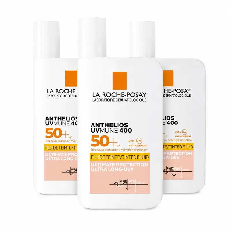 La Roche Posay Anthelios UVMune 400 SPF50+ Fluido con Color, Pack 3 x 50 ml