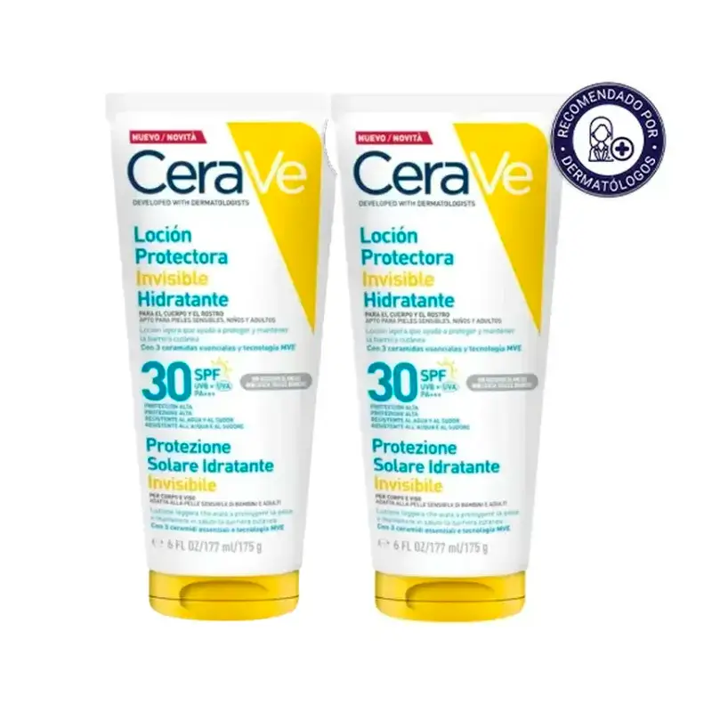 Cerave Loción Protectora Invisible Hidratante Spf 30 Con 3 Ceramidas, Pack 2 x 177 ml