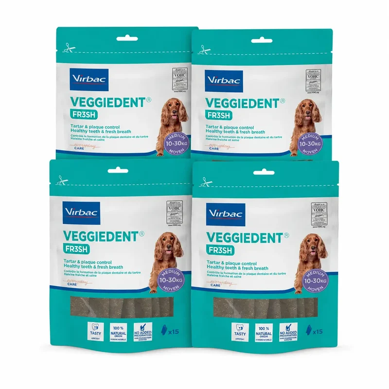 Virbac Veggiedent Fr3sh M, Snacks Dentales Para Perros De Raza Mediana, Pack 4 unidades