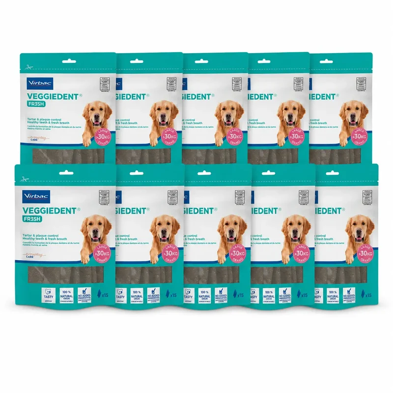 Virbac Veggiedent Fr3sh L, Snacks Dentales Para Perros de Raza Grande, Pack 10 unidades