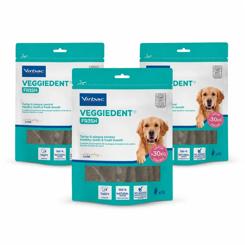 Virbac Veggiedent Fr3sh L, Snacks Dentales Para Perros de Raza Grande, Pack 3 unidades