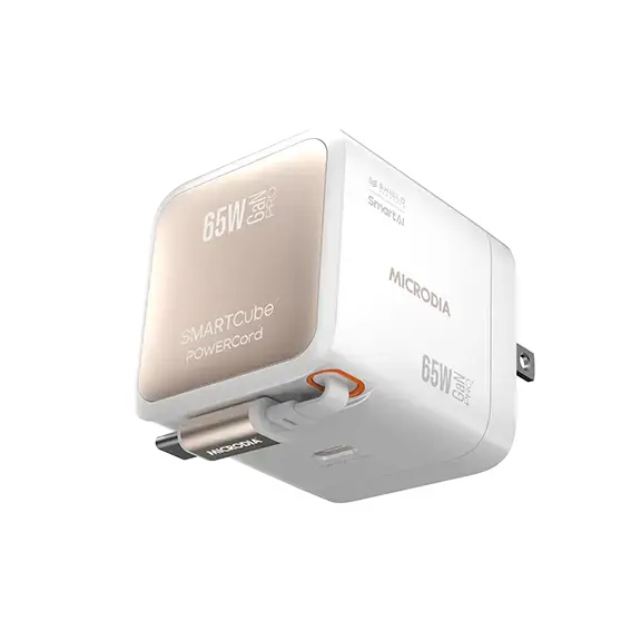 MICRODIA Cargador de pared SMARTCube™ POWERCord de 65 W, GaN Pro con cable USB-C integrado y salida de carga USB-C