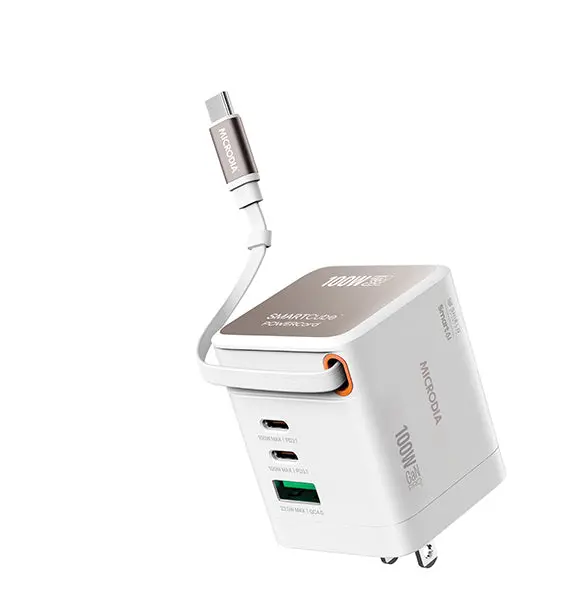 MICRODIA Cargador de pared SMARTCube™ POWERCord de 100 W, GaN Pro con cable USB-C integrado y dos salidas USB-C PD y USB-A