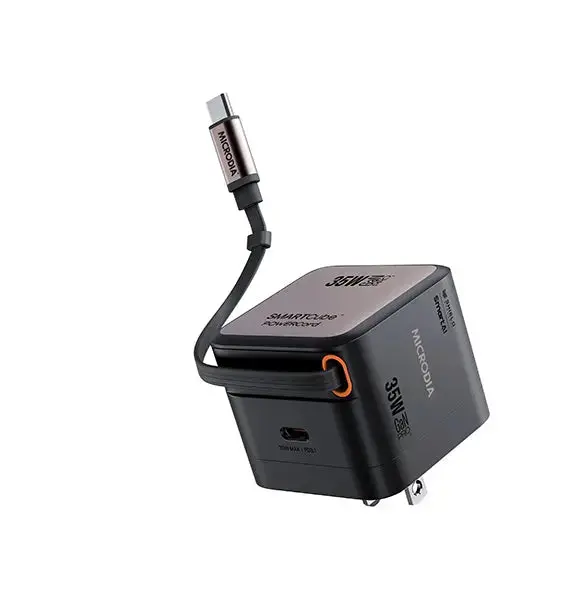 MICRODIA Cargador de pared SMARTCube™ POWERCord de 35 W, GaN Pro con cable USB-C integrado y salida de carga USB-C