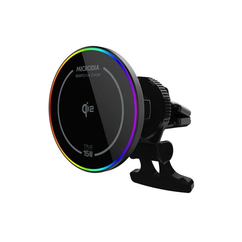 MICRODIA Cargador inalámbrico magnético para coche SnapDrive™ CIRCLET Qi2 de 15 W con iluminación RGB