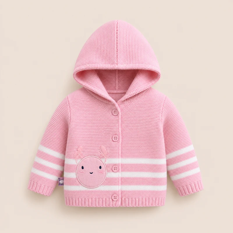-⭕️ Chaqueta Tejida con Capucha Bebé Niña Rosa con Rayas Blancas y Aplique Conejita Sonriente |