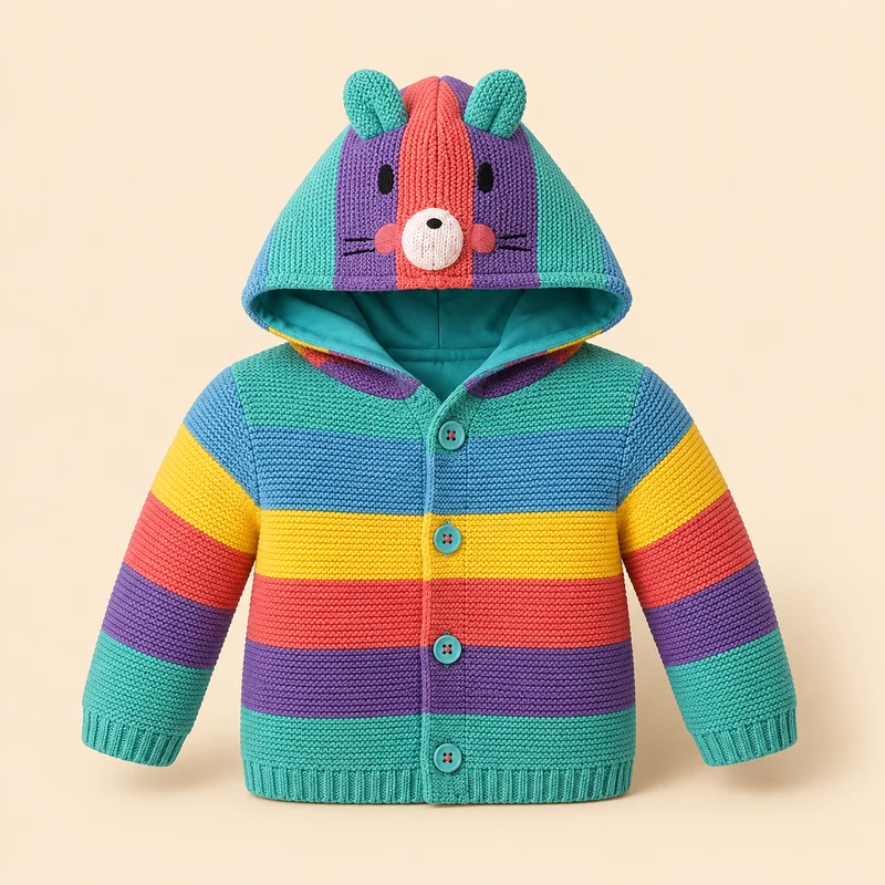 -⭕️ Chaqueta Tejida Arcoíris con Capucha Animalito 3D, Orejas y Botones Turquesa para Bebé |