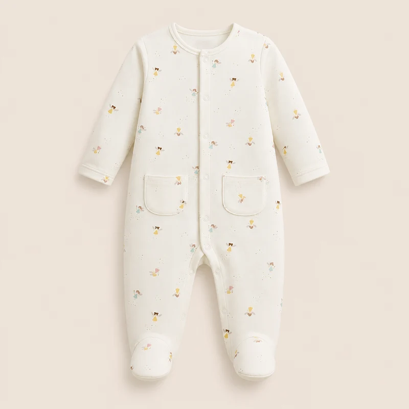 - ⭕️ Pijama Enteriza Bebé Crema con Estampado de Moñitos, Patitas Integradas y Bolsillos Delanteros |
