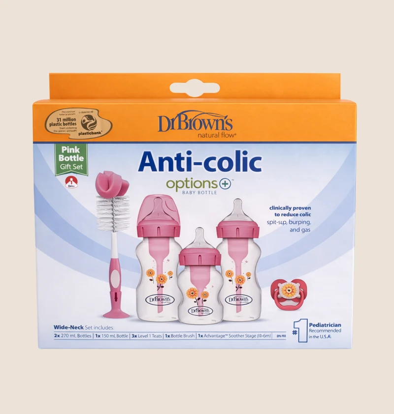 KIT TETEROS DR. BROWN’S OPTION+ Y ANTICOLICOS - SET ROSADO (BOCA ANCHA)