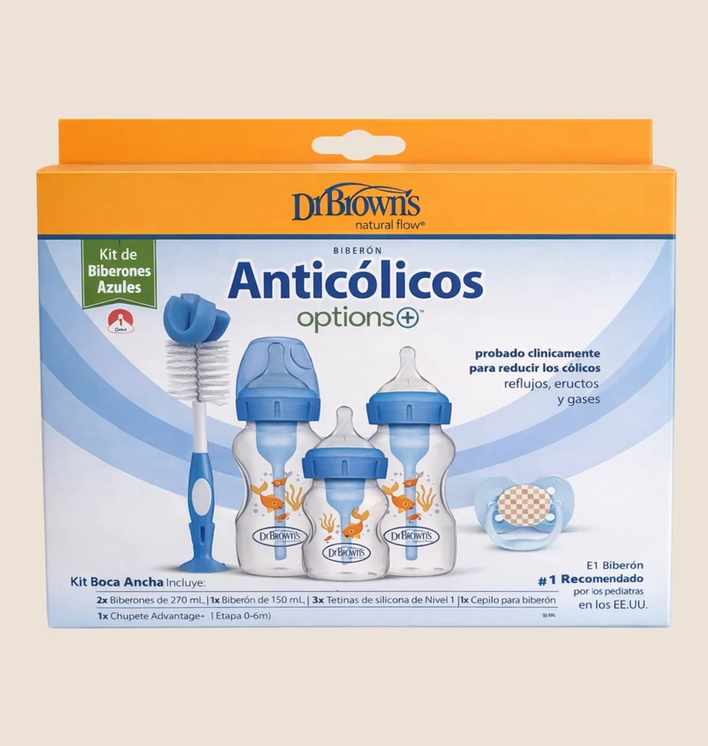 KIT TETEROS DR. BROWN’S OPTION+ Y ANTICOLICOS - SET AZUL (BOCA ANCHA)
