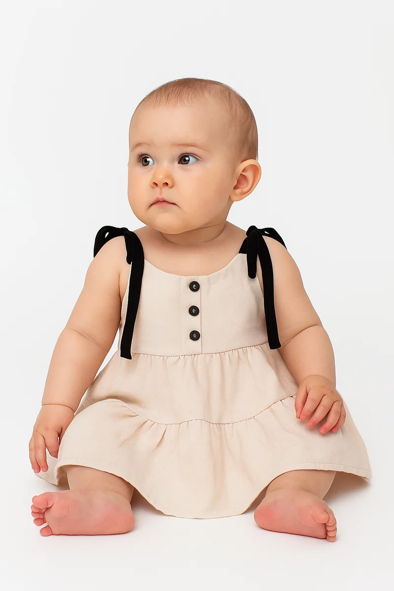 -⭕️ Vestido en Lino con Lazos Clásicos para Bebé Niña