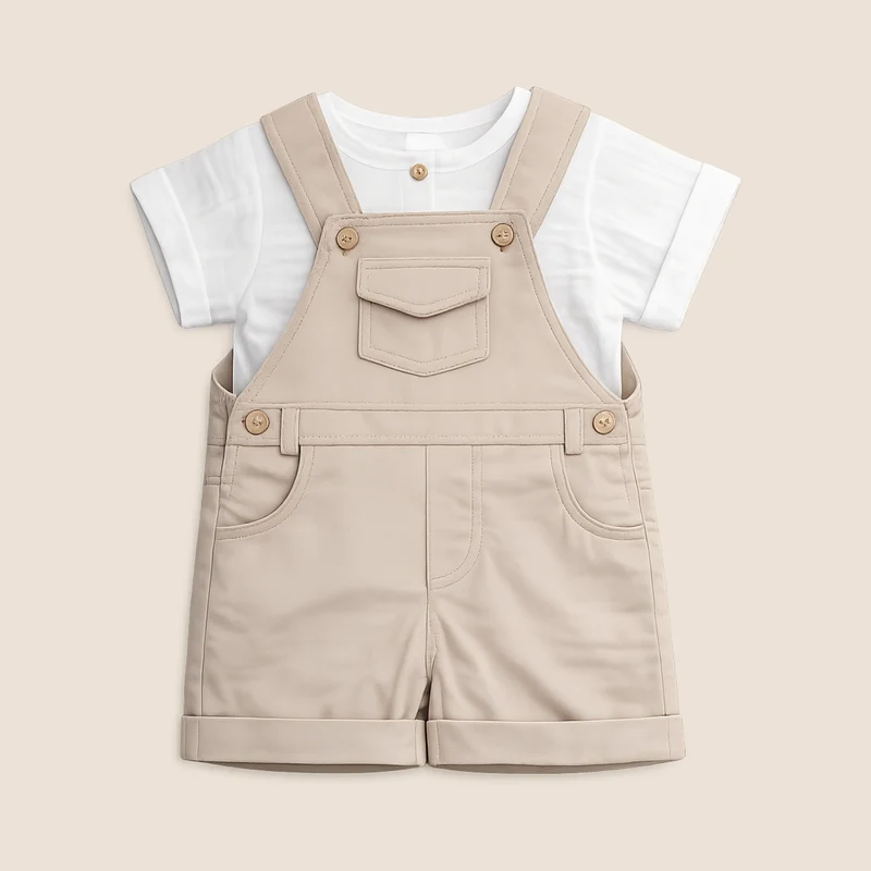 - ⭕️ OVEROL EN DRILL BEIGE CON CAMISA BLANCA BEBÉ FELIZ