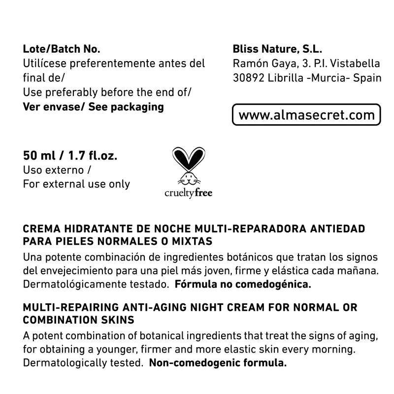 Crema Noche Reparadora Antiedad - Jojoba, Té Verde & Hialurónico - 50 ml - Alma Secret