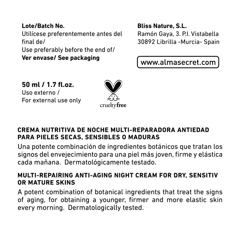 Crema Noche Reparadora Antiedad - Rosa Mosqueta, Escualano & Hialurónico - 50 ml - Alma Secret