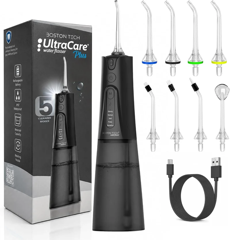 Irrigador Dental Portátil Aquapik UltraCare Plus 8 Boquillas 5 Modos 300 ml (Negro)