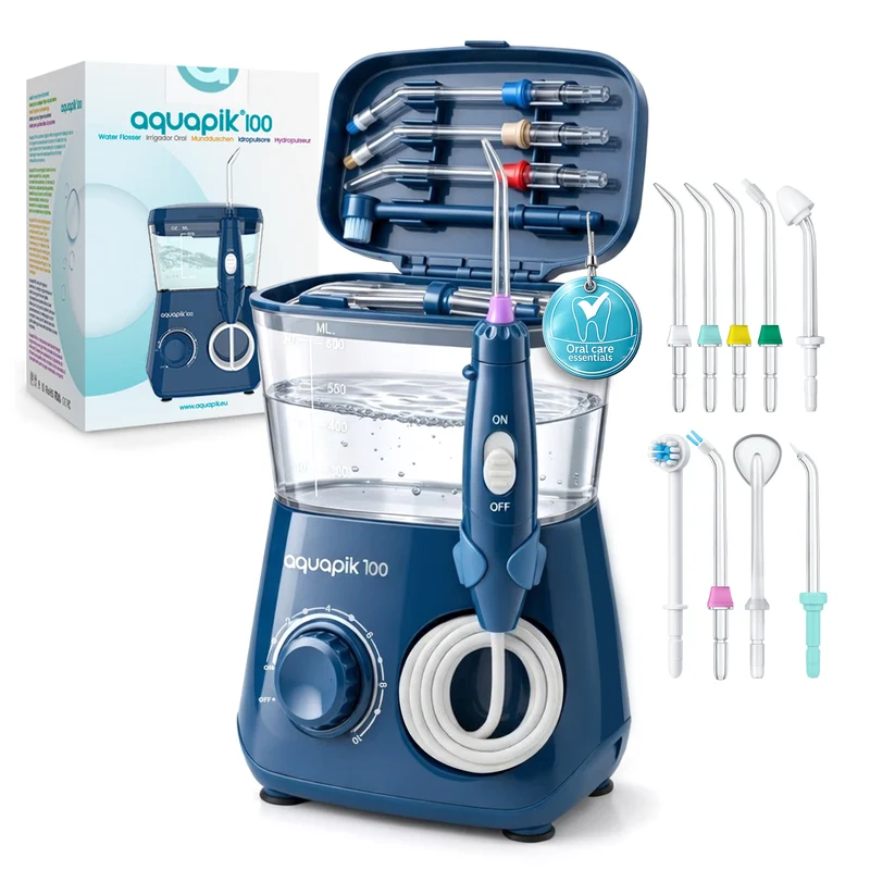 Aquapik PRO Irrigador dental Irrigador Bucal sobremesa 10 niveles de presión 600 mL 8 boquillas water flosser IPX7 Impermeable Limpieza Dental Elimina la placa Protege las encías y cuida tu ortodoncia