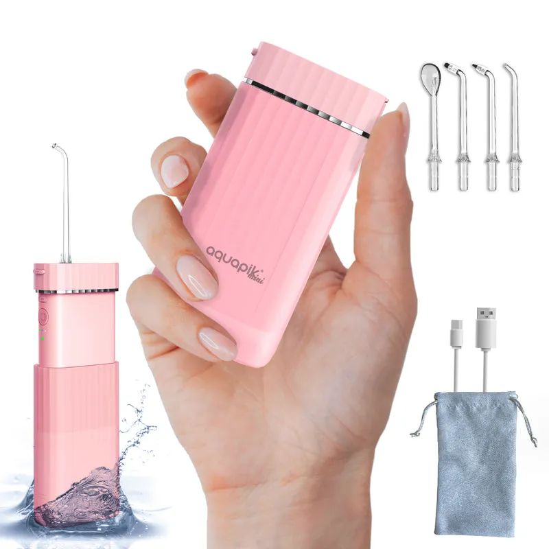 Aquapik® Mini Irrigador dental portátil 200 ml con tanque telescópico recargable USB tipo C, 3 modos de presión impermeable IPX8, fácil de llevar ideal para viajes y oficina, limpieza dental profunda.